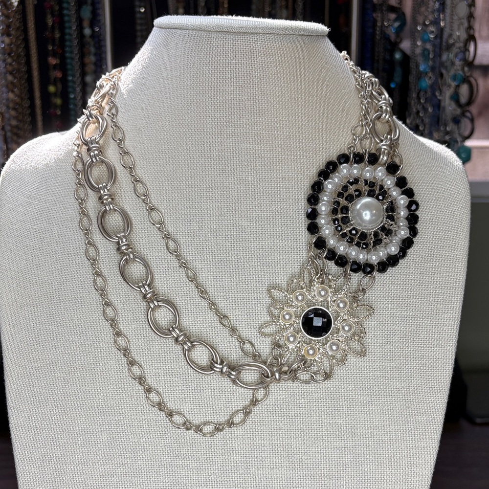 Silver Multi-Chain Statement Necklace with Black and White Accents